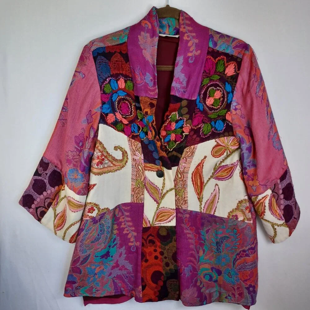 Soft Surroundings Jacket Pink Paisley Patchwork Boho Embroidered Womens Small‎